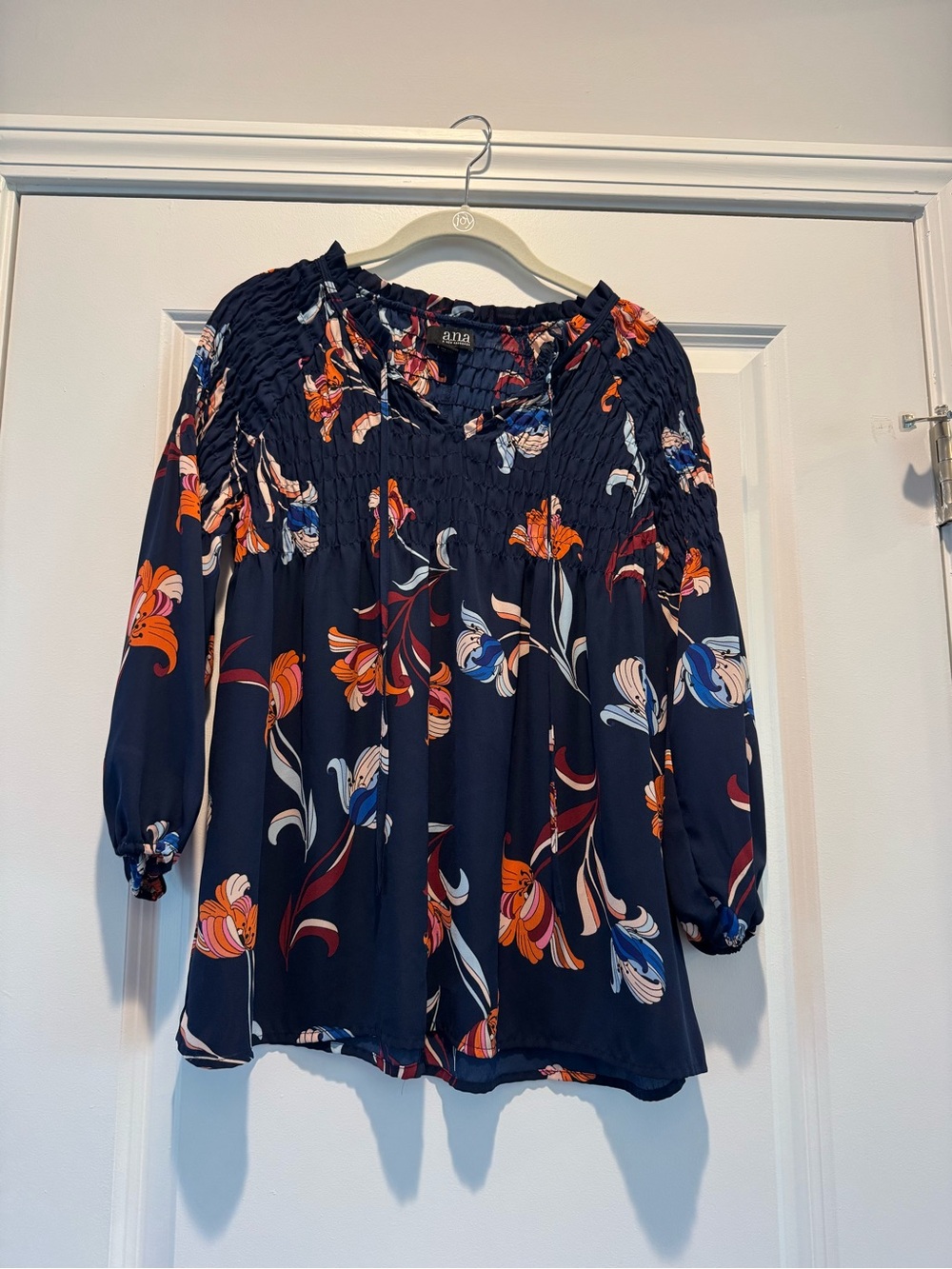 A.N.A. Navy Floral Smocked Peasant Top size XS